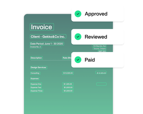 an image of an invoice with checkmarks highlighting that with payhawk you can mark the invoice as approved, reviewed and paid